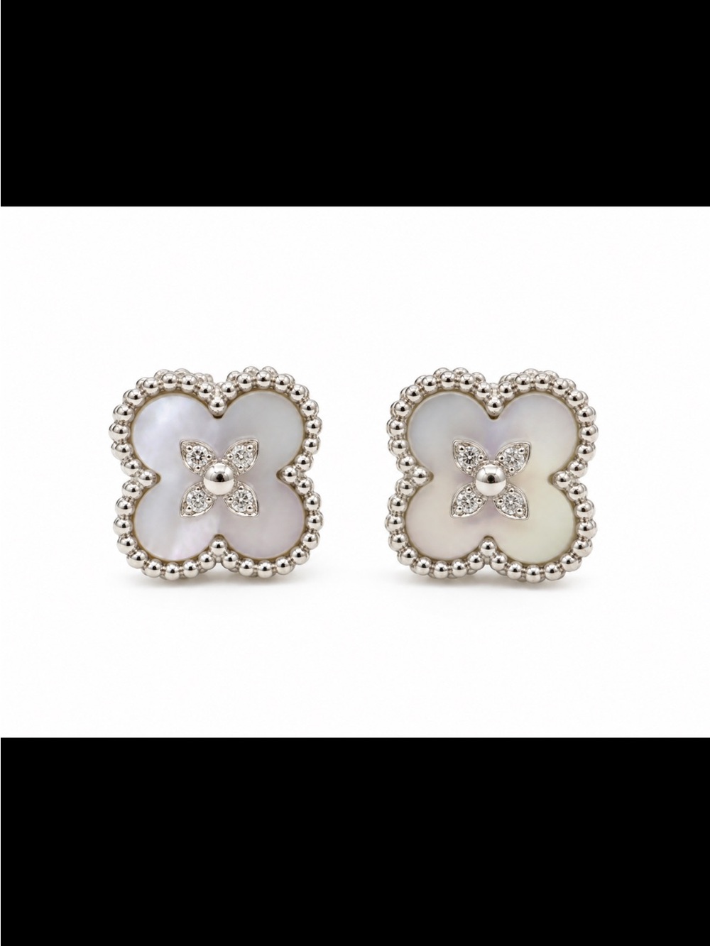 Mother of Pearl Clover Stud Earrings White and Silver with CZ Floral Center NEW